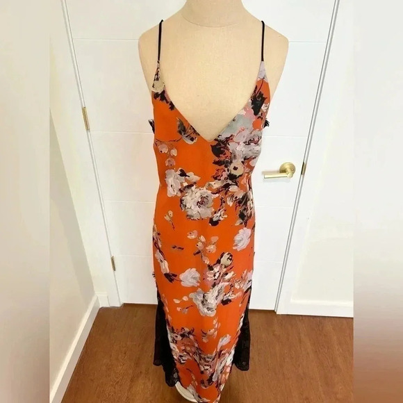 ABS Allen Schwartz Orange Floral Printed Slip Gown with Contrast Lace. Size 8. - Picture 6 of 13